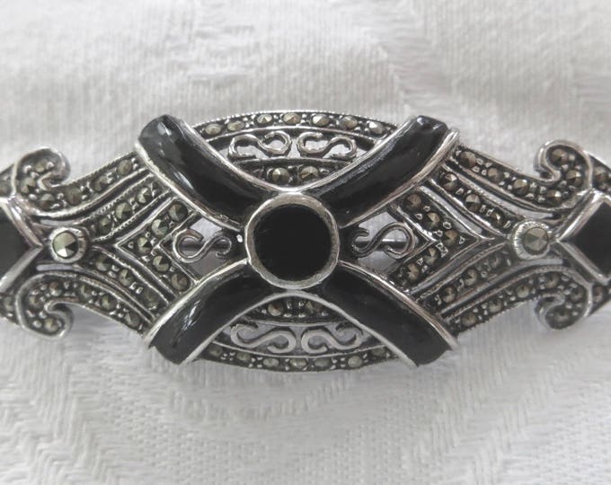 Art Deco Marcasite Brooch, Sterling Silver and Enamel, Vintage Art Deco Pin