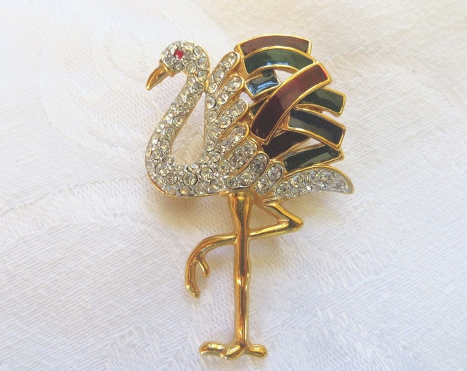 Vintage Flamingo Brooch, Enamel, Signed Roman, Duchess of Windsor Jewelry Replica