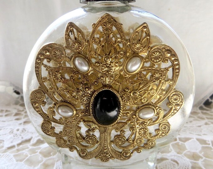 Filigree Perfume Bottle, Pearl and Onyx Stones, Vintage Vanity Bottle, Perfume Holder