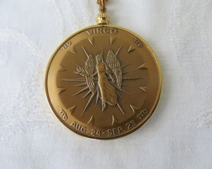 Vintage Virgo Necklace, Art Nouveau Angel Medallion, Signs of the Zodiac, 24" Chain, August September Birthday