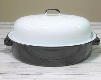 Enamelware Roaster, Enamel Roasting Pan, Enamelware Covered Roaster