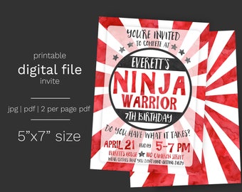 Ninja Warrior Birthday Party Invitation DIGITAL FILE Watercolor Boy Ninja Invite American