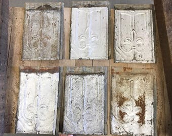 Set of 6, Antique Tin Ceiling Tiles, Fleur de Lis Pattern from New Orleans, Rectangular Tiles 14"w x 32"h