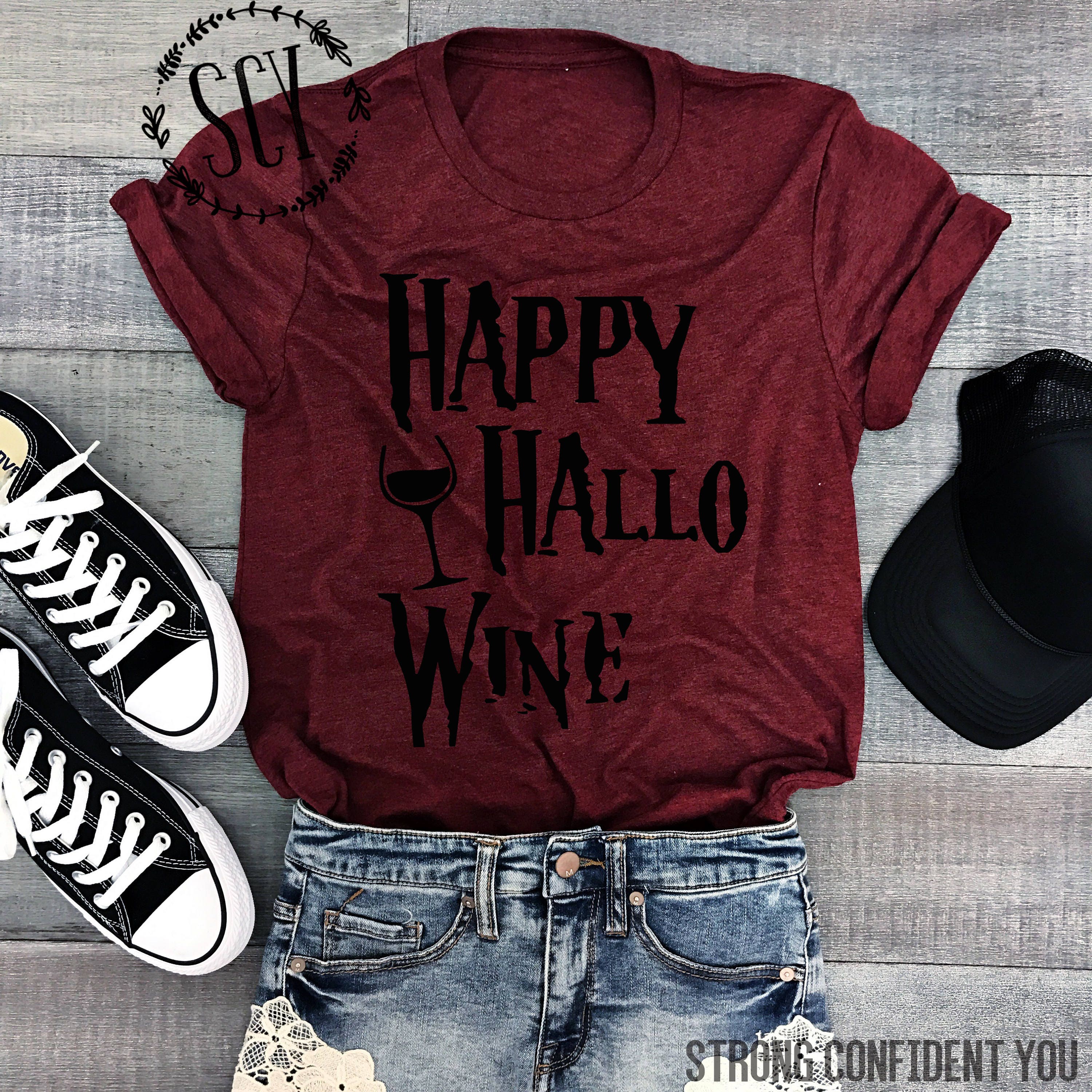 Happy Hallo Wine Tee Shirt - Burgundy Wine Shirt - Triblend Halloween Tee Shirt - Funny Halloween Tee - Unisex Halloween Shirt