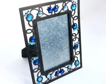 Upcycled Photo Frame - Decorative - Blue Embellishment - Black Frame