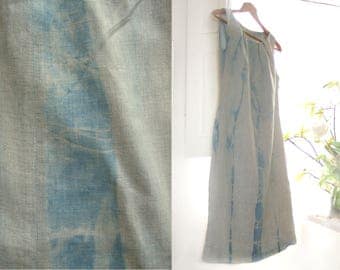Natural linen dress, pastel blue shibori tie dye with plants, summer sleeveless rustic chic dress, off-white blue flax garment, S or XS size