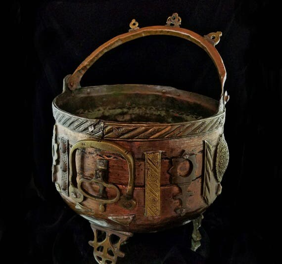 Items similar to Large Antique Copper Kettle Hammered Copper Bucket