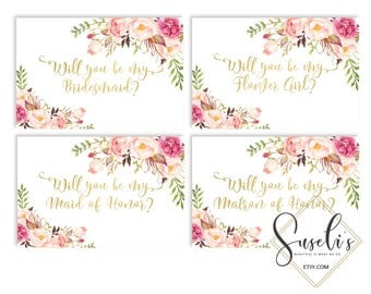Will You Be My Bridesmaid Printable set, DIY Wedding cards, Bridal Proposal, Gold text Watercolor flowers Peach Boho, DIGITAL FILES WS12