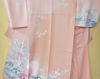 KIMONO SILK Japanese Vintage Homongi Kimono Red Peacock Lake Seashore Peony Iris Flowers Pink Yuzen Vintage Japanese Silk Kimono Peacock