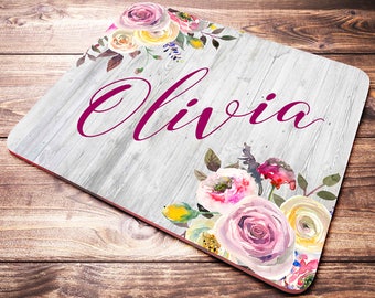 Name Mouse Pad, Floral Mouse Pad, Personalized Mouse Pad, Custom Mouse Pad, Pink Roses, Wood Mouse Pad, Watercolor Flowers