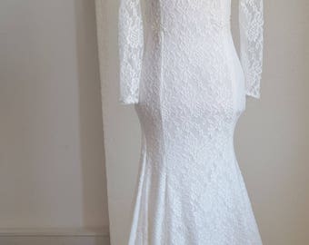 Long sleeved lace bohemian wedding dress, boho open back wedding dress, open back long sleeved lace wedding dress, bohemian lace open back