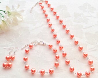 Pearl Jewelry, Pearl Necklace, Coral Necklace, Pearl Bracelet, Bridesmaid Jewelry, Wedding