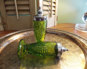 SALT & PEPPER SHAKERS, Avocado Green Glass Grape and Grapevine Design Salt and Pepper Set