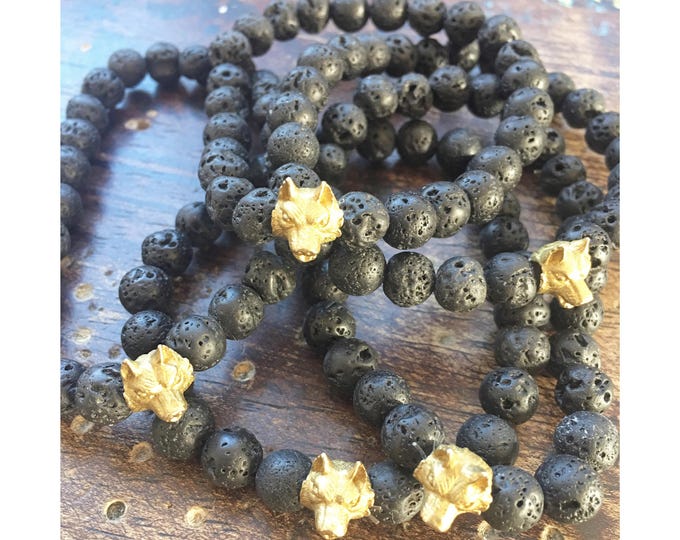 Men's Lonewolf Bracelet / Black Lava Bracelet / Lava Beads / Wolf Bracelet / Black and Gold Bracelet / Gift For Him / Fathers Day Gift