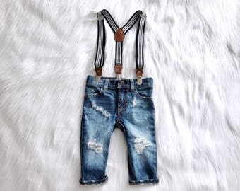 Boys Distressed Denim Suspender Pants or Shorts First Birthday Outfit Boy Smash Cake Outfit Newborn Boy Photo Outfit Boy Denim Overalls