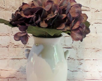 Amethyst Purple Silk Hydrangea Bloom Arranged in a Charming White Ceramic Vase with Handles
