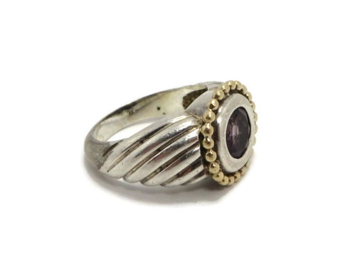 Amethyst Two Tone Ring, Vintage Sterling Silver Gold Plated Ring, Chunky Ribbed Ring, Size 7