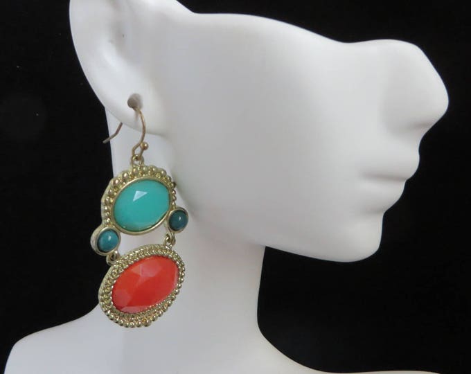 Faux Turquoise, Coral Earrings, Vintage Boho Dangling Earrings, Pierced Beaded Dangles, Hippie Jewelry