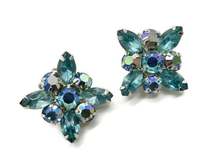 Weiss Sea Green AB Rhinestone Earrings, Vintage Rhinestone Silver Tone Clip-ons