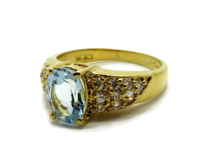 Blue CZ Cocktail Ring - Vintage Lind Cocktail Ring - 14Kt Gold Plated Dinner Ring, Size 10, Gift For Her