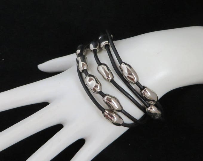 Silver Tone Bead Multistrand Bracelet, Vintage Black Wire Banded Boho Bracelet, Valentine's Day Gift