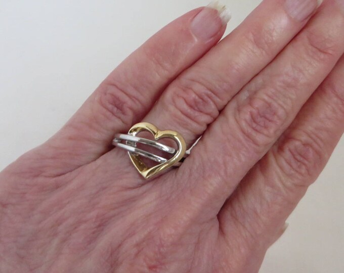 Sterling Silver Heart Ring, Vintage Two Tone Silver Ring Size 6.75-7, Valentine's Day Gift