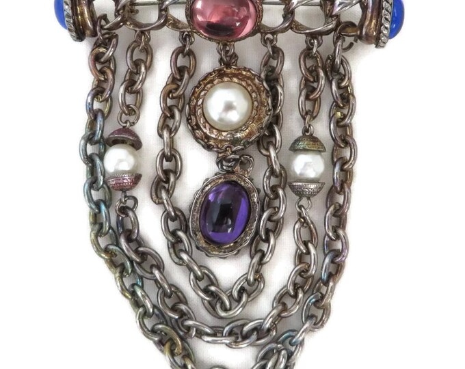 Art Deco Bar Brooch, Vintage Dangling Chain Glass Bead Brooch, Faux Pearl Silver Tone Brooch