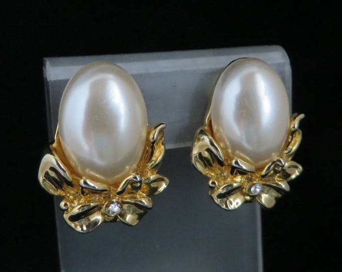 Faux Pearl Flower Earrings, Vintage Gold Tone Rhinestone Studded Clip-on Earrings