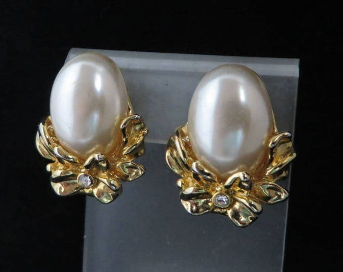 Faux Pearl Flower Earrings, Vintage Gold Tone Rhinestone Studded Clip-on Earrings