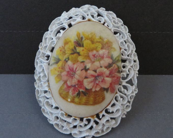 White Flowered Pendant Brooch, Vintage Filigree Pendant Pin, Painted Floral Romantic Brooch