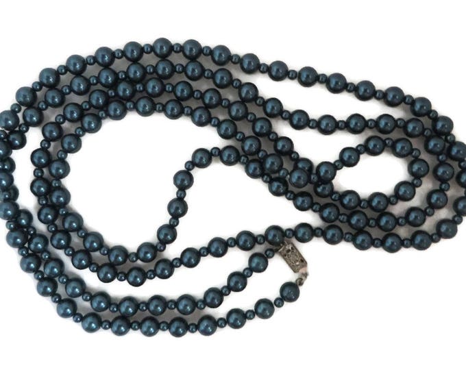 Blue Flapper Necklace, Vintage Dark Teal Blue Long Beaded Necklace, Gift For Her