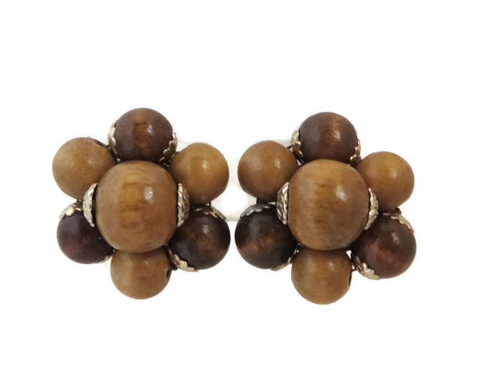 Wood Bead Cluster Earrings, Vintage Brown Beaded Japan Earrings, 1960s Jewelry