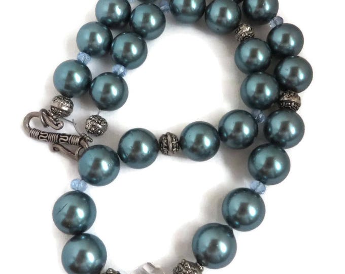 Chunky Teal Blue Beaded Necklace, Vintage Glass Bead Necklace, Gift for Her