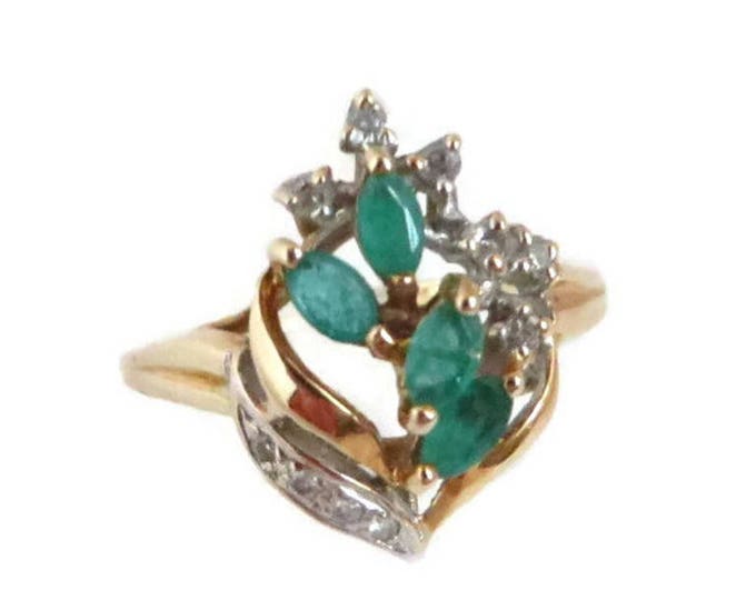 Emerald - 14K Gold Emerald & Diamond Ring, Vintage Estate Cocktail Ring, Size 5, FREE SHIPPING
