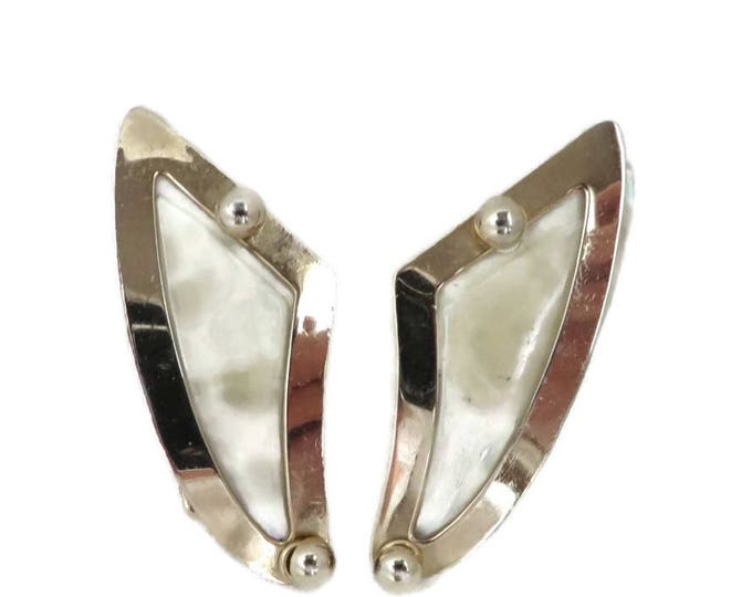 Vintage Leru Triangle Earrings, Cream Swirl Gold Tone Clip-on Earrings, Signed Designer Jewelry