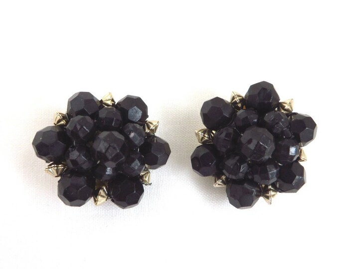 Cluster Bead Earrings - Vintage Hong Kong Black Beaded Earrings, Gold Tone Clip-ons, 60s Jewelry, Gift for Her, Gift Boxed Cluster Bead Earrings - Vintage Hong Kong Black Beaded Earrings, Gold Tone Clip-ons, 60s Jewelry, Gift for Her, Gift Boxed