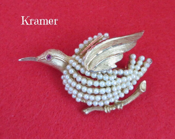 Vintage Brooch, Faux Pearl Bird Brooch, Signed Kramer Jewelry, Figural Brooch, 1950s Jewelry, Gift Idea, Gift Boxed