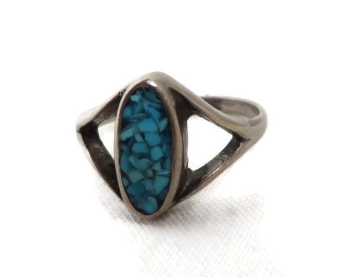 Sterling Silver Turquoise Ring - Vintage Crushed Turquoise Inlay Ring, Size 6, Gift for Her