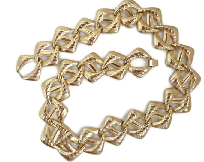 Vintage Tailored Link Necklace, Gold Tone Diagonal Striped Necklace, Gift for Her