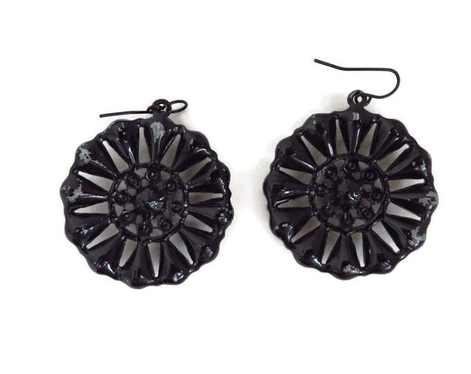 Black Bead Necklace, Earrings - Vintage Faceted Bead Necklace, Bead and Glass Pinwheel Pierced Dangle Earrings, Jet Jewelry Set Black Bead Necklace, Earrings - Vintage Faceted Bead Necklace, Bead and Glass Pinwheel Pierced Dangle Earrings, Jet Jewelry Set