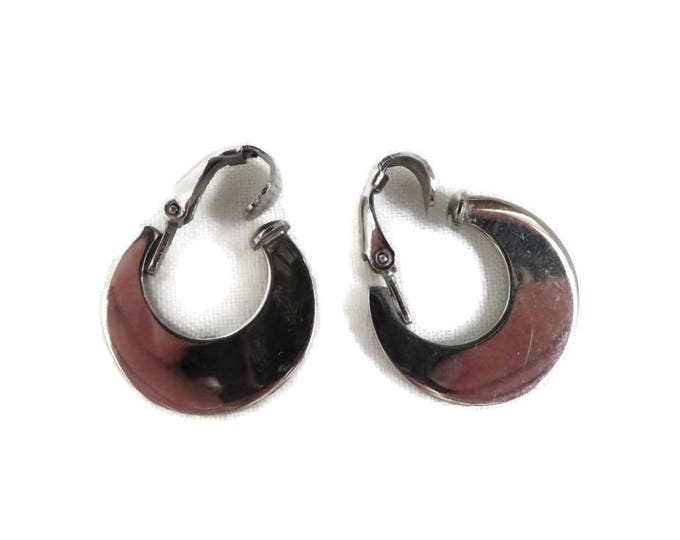 Silver Tone Hoop Earrings, Vintage Mirror Shine Dangles, Signed H.J.G. Clip-on Earrings