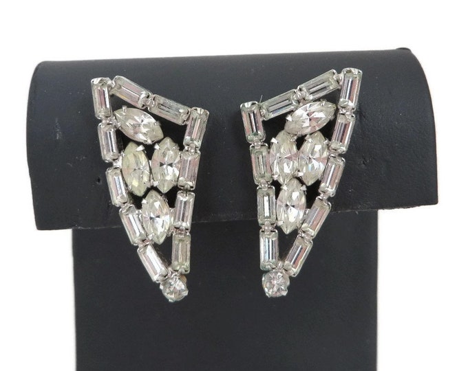 Rhinestone Earrings, Vendome Earrings, Vintage Silver Tone Triangle Clip-on Earrings, Bridal Jewelry, Formal Wear Gift Idea