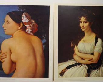 vintage collectible, 70s art print lot, 2 French art prints, romanticism art, Jeune Femme Nude, Ingres print, Madame Pasteur, Gros art print