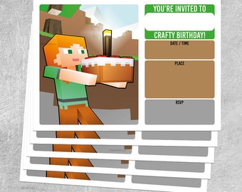 5 x BIRTHDAY INVITATIONS - Alex Cake - Minecraft themed
