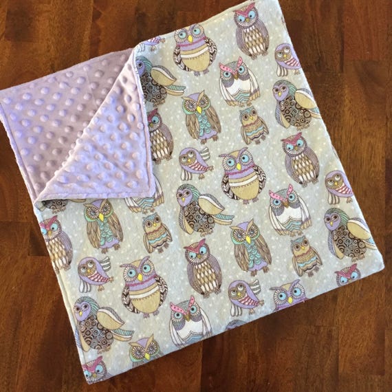 Grey Purple Girl Owl Flannel and Minky Blanket Carseat