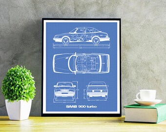 Saab 900 Turbo Convertible Blueprint, Saab Cabriolet Decor, Instant Download, Saab 900 T, Blueprint art, Saab Decor, Saab 900, 8x10", 11x14"