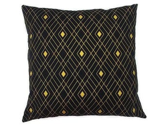 Black and Metallic Gold Diamond-Invisible Zipper Pillow Cover Gray-Bedroom-Living Room-Party-RV-Nursery-Boat-Decor