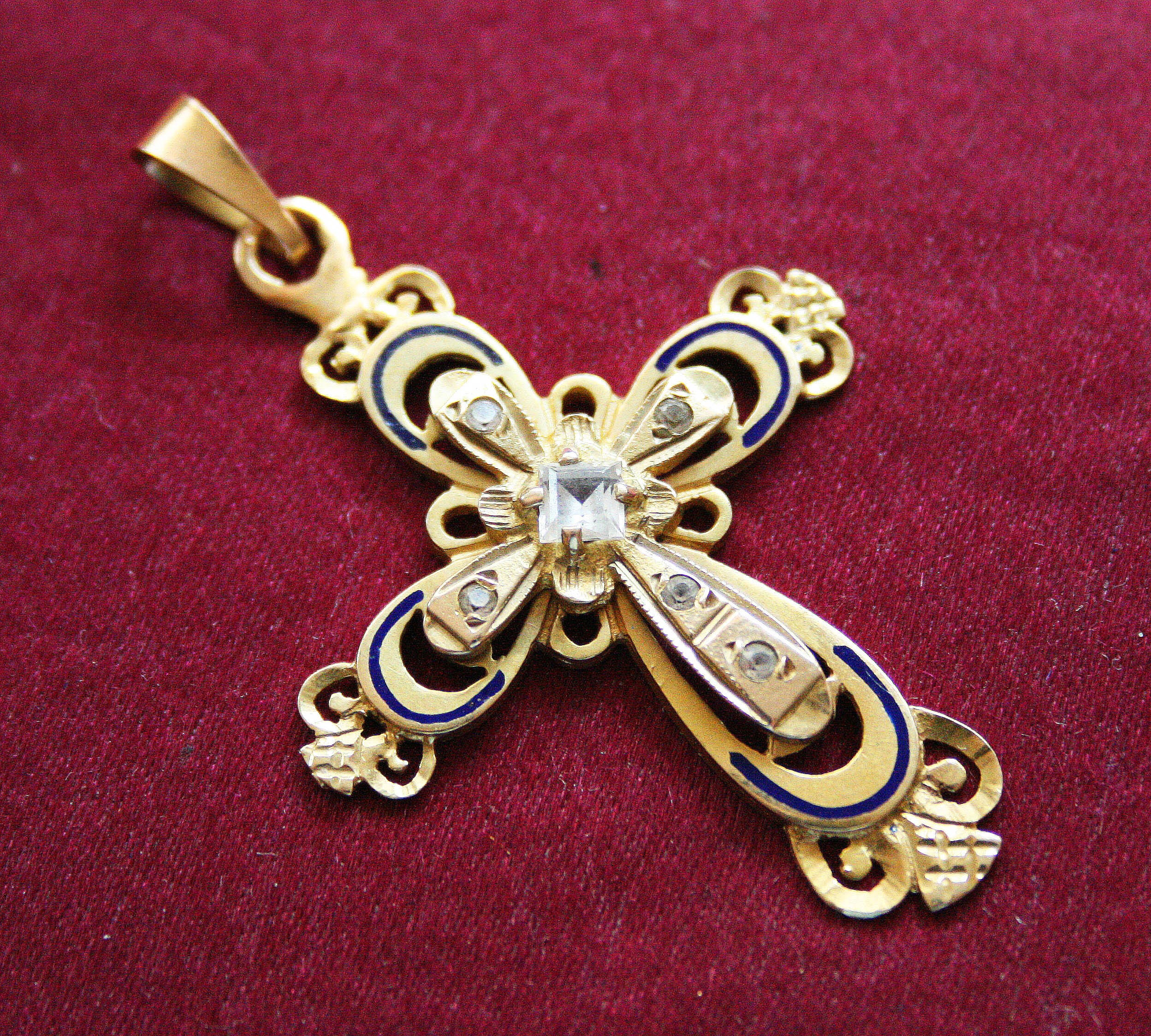 Antique Cross Pendant Solid 18K Gold Enamel Cross