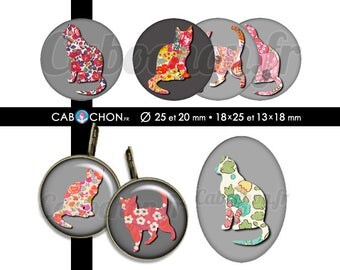 Liberty Cat 2 • 60 Images Digitales RONDES 25 20 mm et OVALES 18x25 13x18 mm chat silhouette liberty fleurs motifs retro vintage flowers