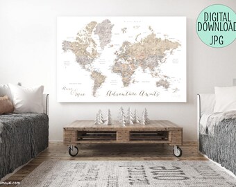 Printable world map with cities, file for printing a canvas world map, push pin world map, custom world map, personalized map. MAP141 082